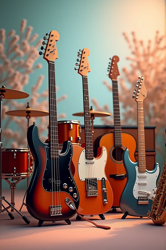 A beautiful image of various musical instruments including bass guitar, drumkit, guitar, keyboard, guitar, and saxophone