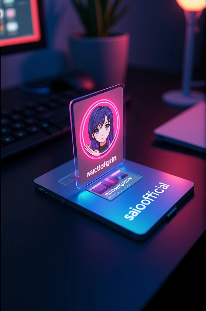 creat a instagram profile and glass id card on a black desk displaying instagram logo and realistic profile photo of a anime girl in circle and " saicooffical " is written in bold fonts under the profile photo and 100k follower written the instagram card is glowing in pink and blue color on the edge, 