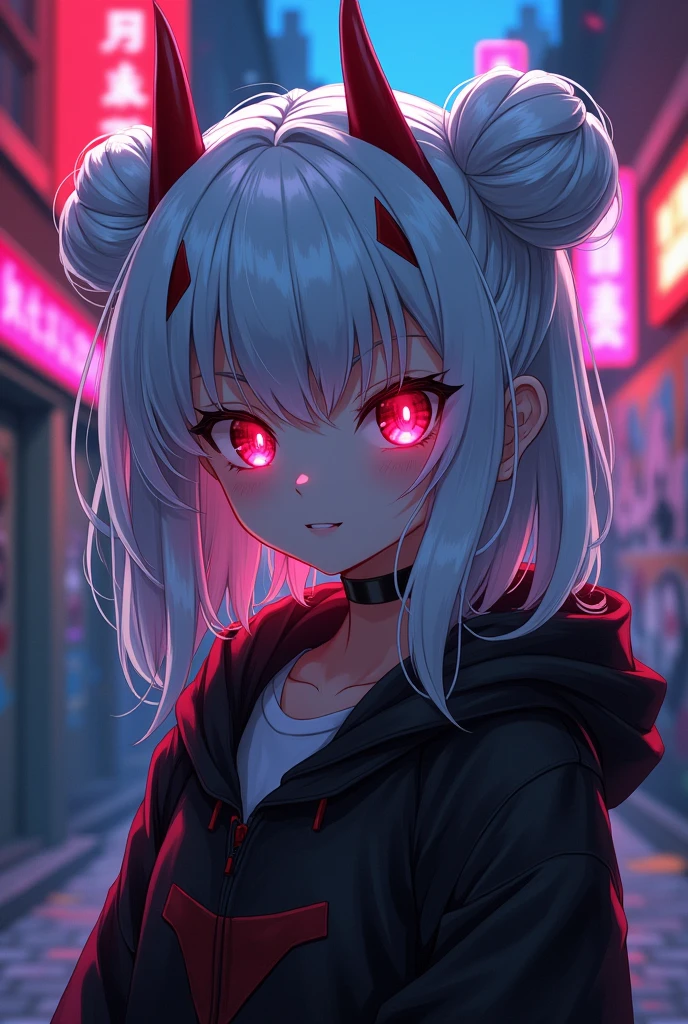 detailed background, masterpiece, best quality, smile, nakiri ayame, streaked hair, oni horns, white hair, twin buns, red eyes, smile, hoodie, portrait, neon, graffiti, dark, night, glowing eyes, blacklight