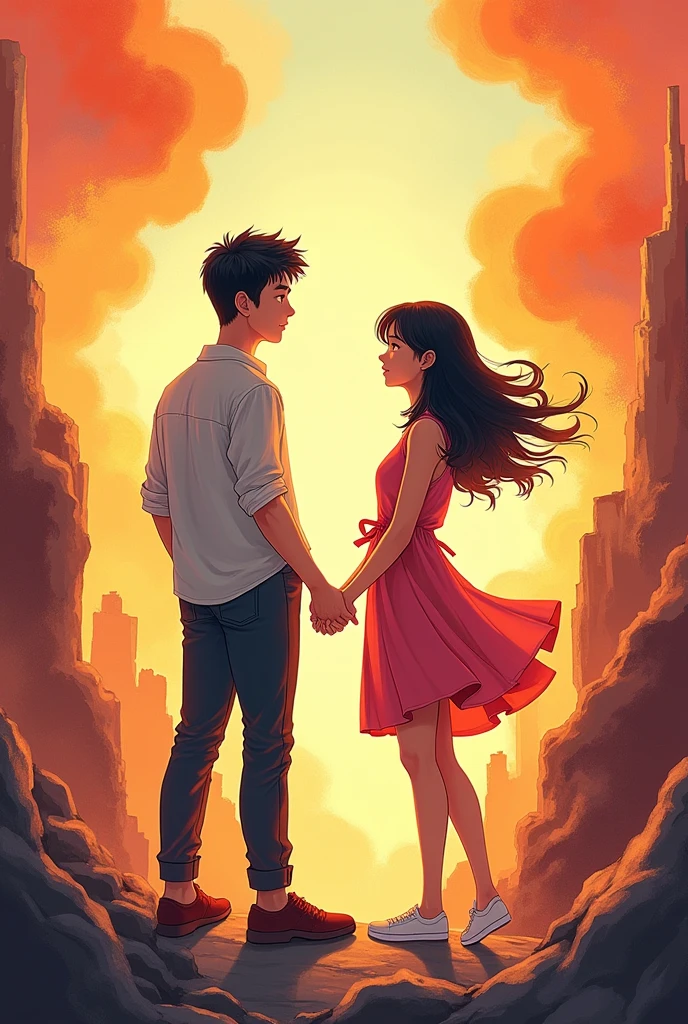 "Create a vibrant and animated image in a Korean-style illustration that depicts two young adults who are overcoming challenges together. The scene should show them holding hands and facing obstacles with determination and unity. Surround them with a dynamic environment that represents the struggles they are overcoming, but also highlight their strong, unwavering love that prevails despite the difficulties. Use expressive, warm colors and include elements that convey resilience, deep affection, and the power of love triumphing over adversity."