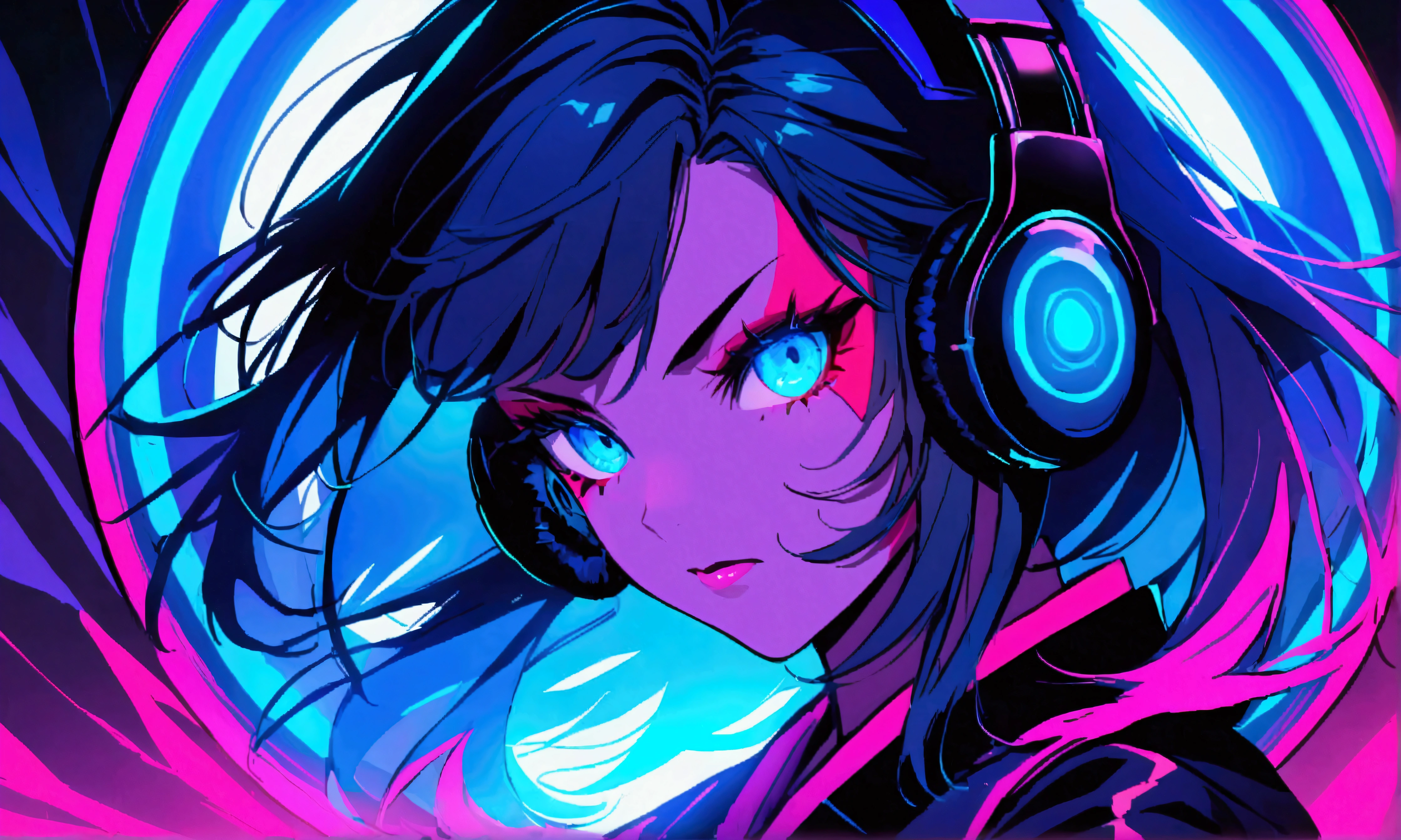 Vibrant close-up of a female samurai with distinctive makeup and a bold, modern hairstyle. She is passionately playing a large taiko drum, her face focused and determined. Her headphones are sleek and futuristic, glowing with neon blue light. The background is filled with bright, energetic colors, creating a dynamic and powerful atmosphere.