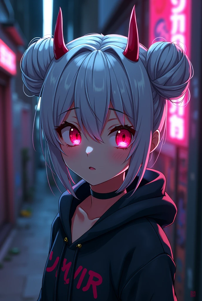 detailed background, masterpiece, best quality, smile, nakiri ayame, streaked hair, oni horns, white hair, twin buns, red eyes, smile, hoodie, portrait, neon, graffiti, dark, night, glowing eyes, blacklight