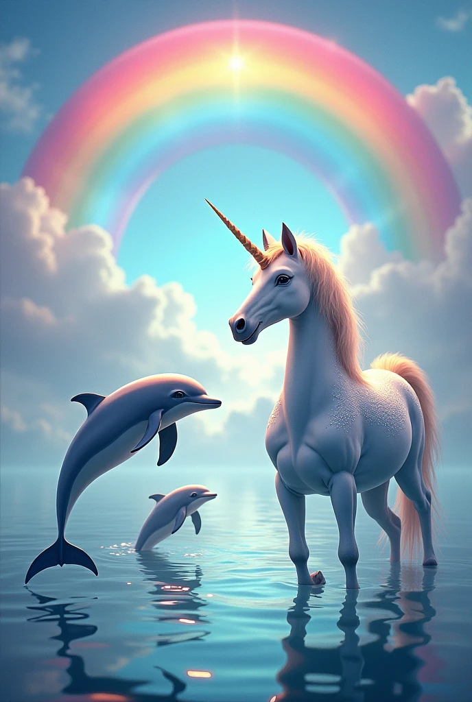 Make me a picture of some dolphins with a rainbow behind and a unicorn