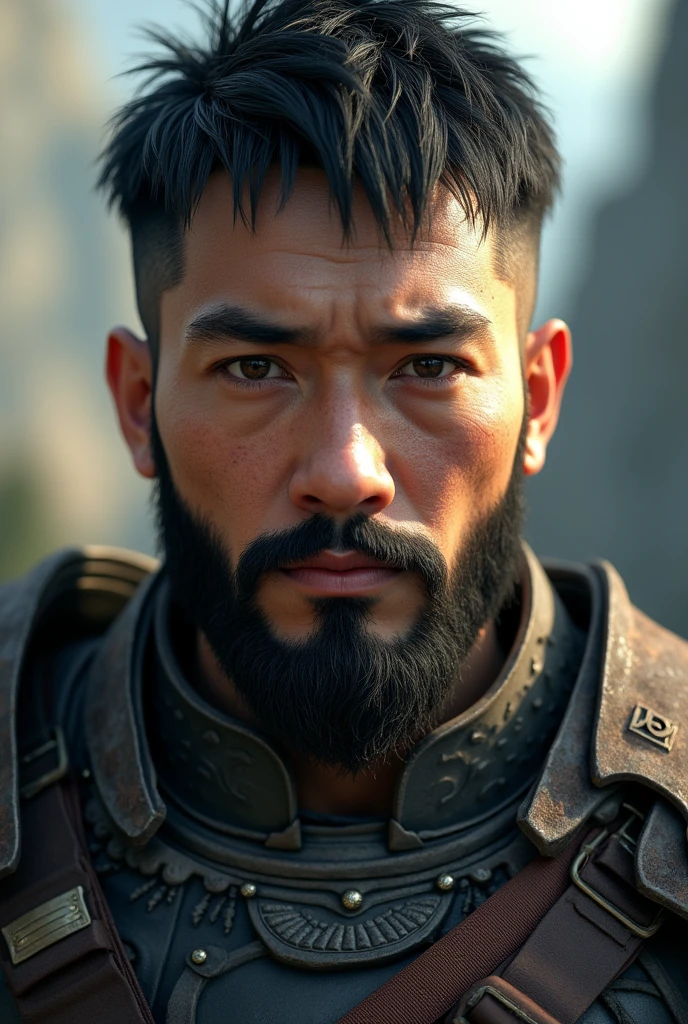 Frontal portrait Hyper focus, warrior, black short hair, very shallow mustache, very shallow beard, realisitic, hiperrealisitics, realisitic, a body in the renatosphere, epic 3D realism, best in wlop, kan liu, daz3d, trends in CGsociety, estilo realisitic hiperdetalhado, completo cosplay, by Ric Nagualero, album, hyung tae kim, 8k, irreal engine 5, film composition, retratos realisitics hiperdetalhados, 3D game art, CG Society, Fantasyart, hd art of season, estética realisitic, cinematic lighting, border light, smooth light, border light de filme, fine glow, ultradetailed, 8k, uso realisitic de luz e cor, cinematic light, rendered in cinema4d 500–1000 AD -- ar 3:4- Niji 6