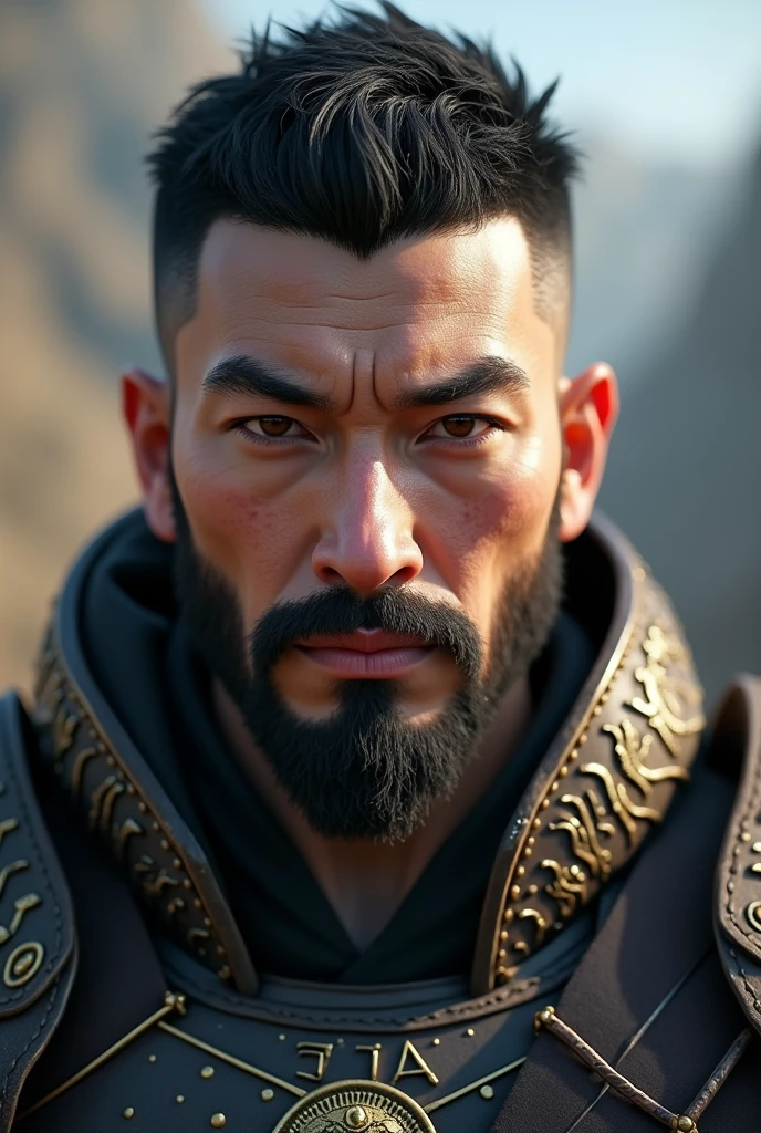 Frontal portrait Hyper focus, warrior, black short hair, very shallow mustache, very shallow beard, realisitic, hiperrealisitics, realisitic, a body in the renatosphere, epic 3D realism, best in wlop, kan liu, daz3d, trends in CGsociety, estilo realisitic hiperdetalhado, completo cosplay, by Ric Nagualero, album, hyung tae kim, 8k, irreal engine 5, film composition, retratos realisitics hiperdetalhados, 3D game art, CG Society, Fantasyart, hd art of season, estética realisitic, cinematic lighting, border light, smooth light, border light de filme, fine glow, ultradetailed, 8k, uso realisitic de luz e cor, cinematic light, rendered in cinema4d 500–1000 AD -- ar 3:4- Niji 6