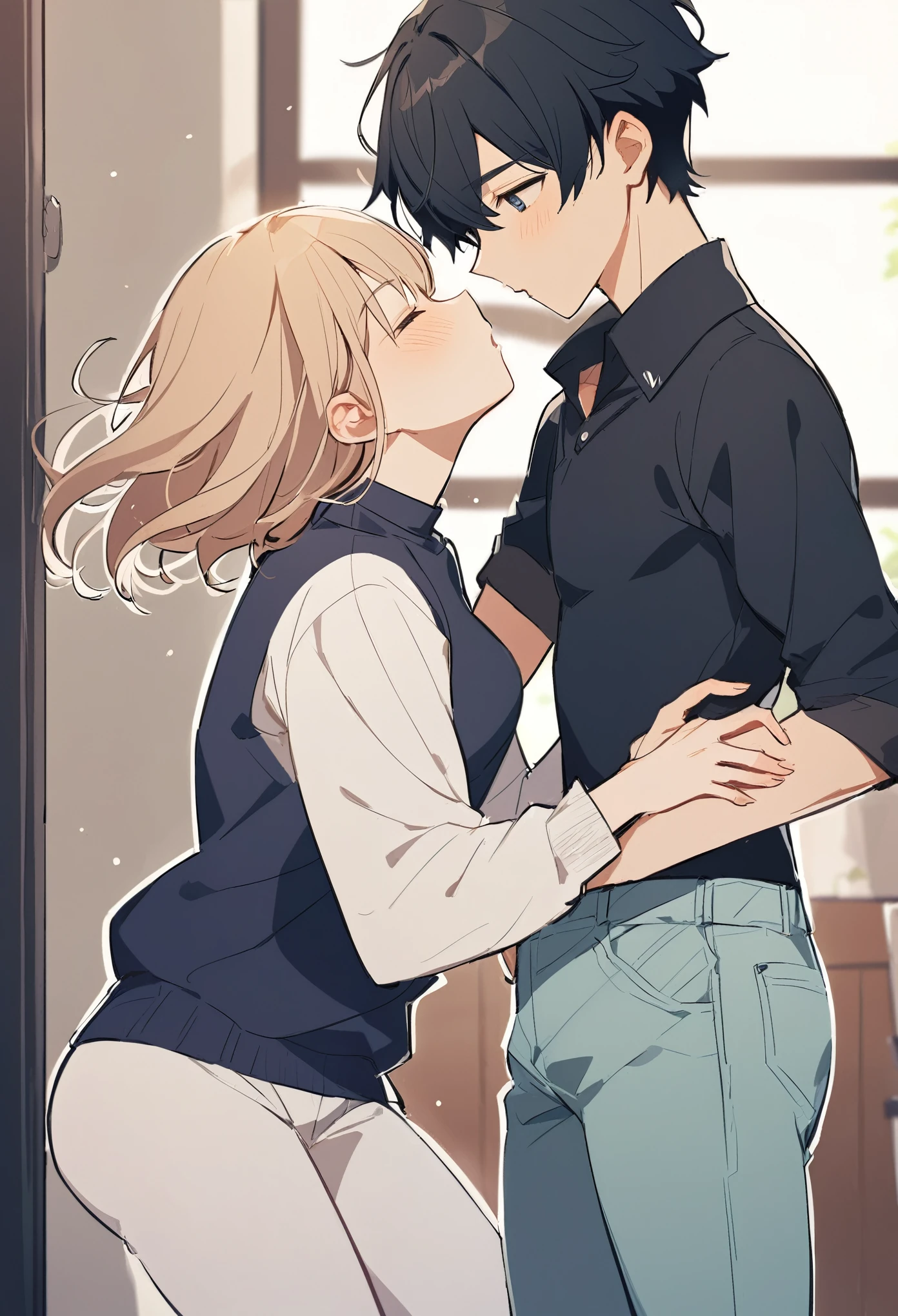 Kamyko: A slender, delicate-looking young man. He has about 1,75m de altura, with straight black hair that reaches her shoulders, with a light fringe. His eyes are expressive and slightly almond-shaped.. Kamyko is dressed casually, with a long-sleeved shirt and tight pants, both in light tones. He has his eyes closed, surrendering to the kiss, with one hand lightly resting on Ryosuke&#39;s chest.

Ryosuke: A little taller and with an athletic physique, com aproximadamente 1,85m. Her hair is short and black, slightly messy, with a casual and modern look. He wears a dark polo shirt and jeans., and is holding Kamyko by the waist, pulling him closer. His eyes are partially closed, and he is immersed in the kiss, showing affection and passion.

kiss: They are in a deep and passionate kiss, with a feeling of affection and reconciliation. Ryosuke tilts his head slightly to reach Kamyko, as Kamyko leans up. The kiss is prolonged and full of emotion., capturing an intimate and meaningful moment between the two.

