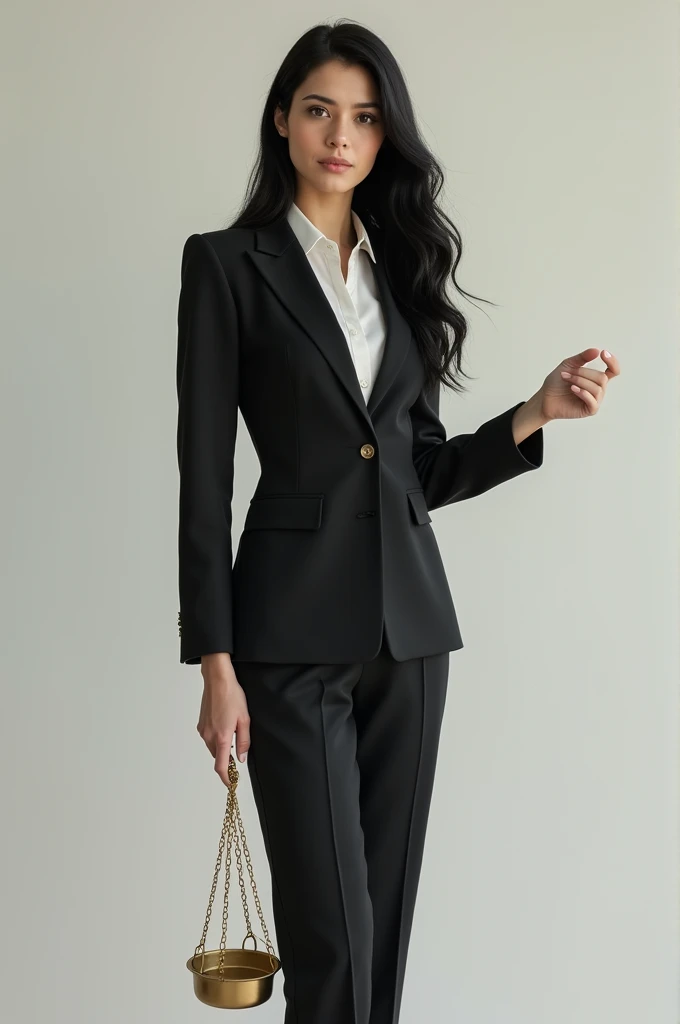 Caucasian female, long black hair, Right symbol, the balance of justice, short, with business clothes