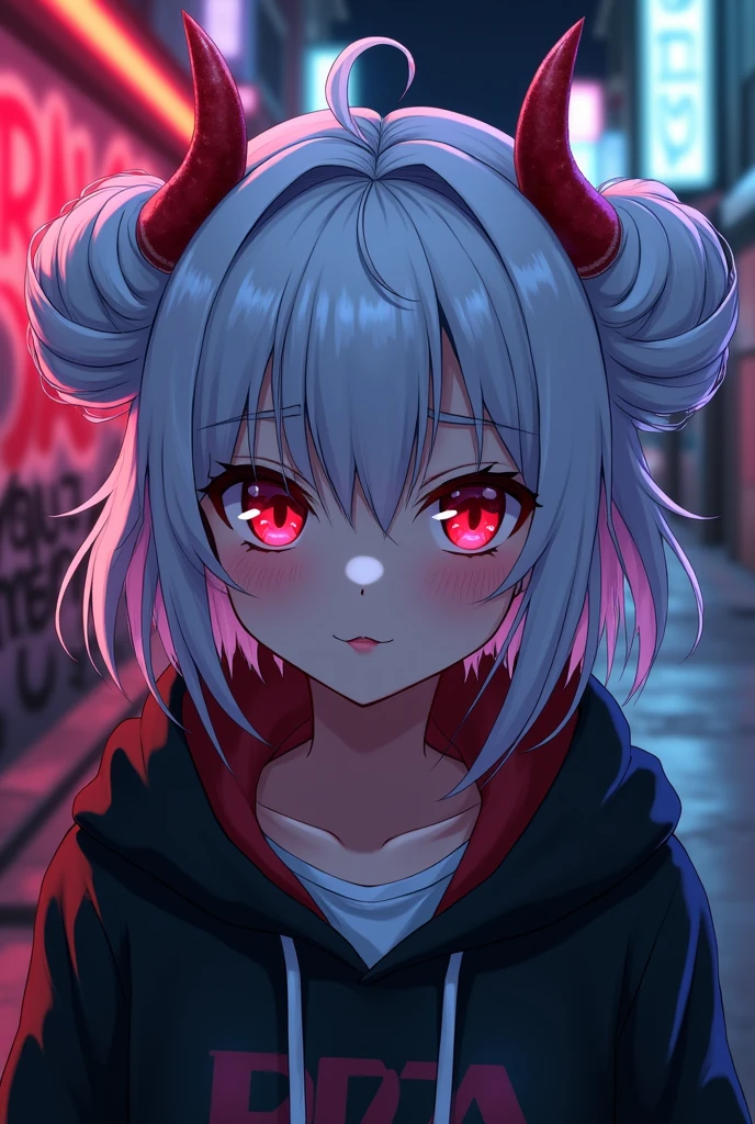 detailed background, masterpiece, best quality, smile, nakiri ayame, streaked hair, oni horns, white hair, twin buns, red eyes, smile, hoodie, portrait, neon, graffiti, dark, night, glowing eyes, blacklight