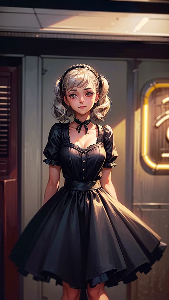 1girl dressed in a 1950s-inspired dress, complete with a full skirt and petticoat, her hair styled in classic pin curls. She should be seated at an old-fashioned diner, surrounded by vintage details like a jukebox, chrome accents, and neon signs. Her eyes should be sparkling with excitement, her skin flawless and glowing under the soft, dramatic lighting. This scene should be captured on 35mm film, with a beautiful depth of field and a slightly blurry, nostalgic background,, filmg,