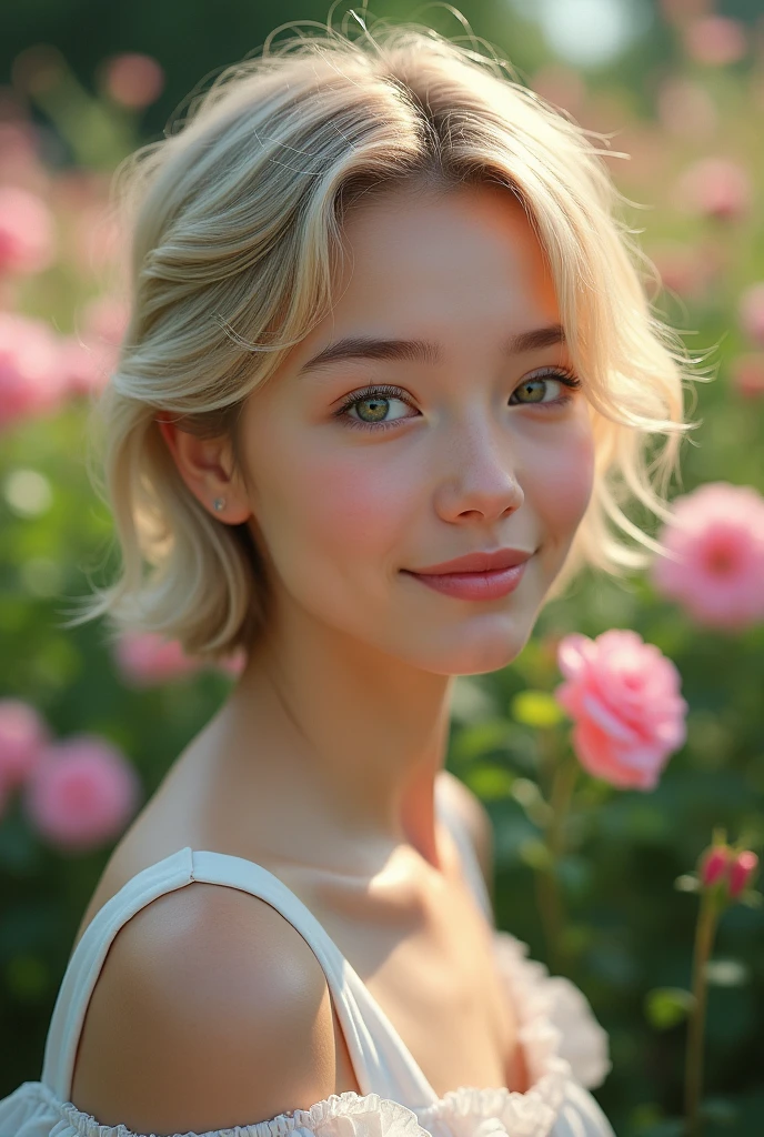 8k, raw photo, fujifilm, Style photography of a beautiful young girl like Avril in a light pink rose garden. (very detailed skin: 1.2) Style-Petal BREAK short hair, blonde hair with colored highlights, wearing a dress, film grain, 35mm, beautiful style