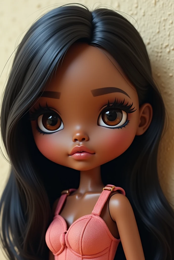 A Blythe doll of me, brown skin small eyes long lashes (not that long) long black hair full, styled on the left side, full lips chubby cheeks eyes with eyeliner lips drew with chocolate lips pencil  