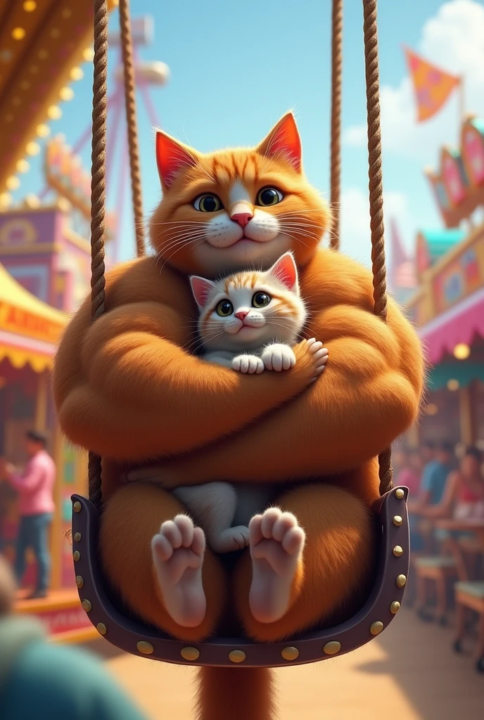 Ik bodybuilder cat Apne bacche ko haanth me pakre hua mela me jhule ki or dekh rha h haste hua dono ik jhule me baithe h haste hua