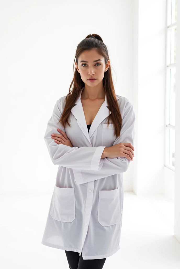 Woman in white coat, crossed arms, (((tied up hair))), white background