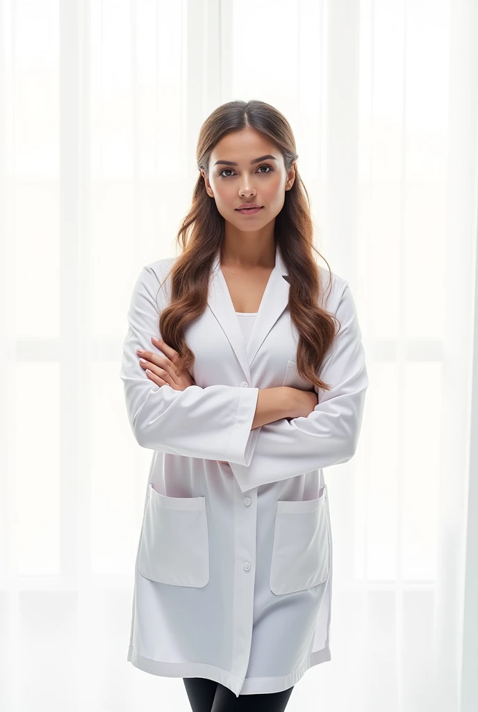 Woman in white coat, crossed arms, (((tied up hair))), white background