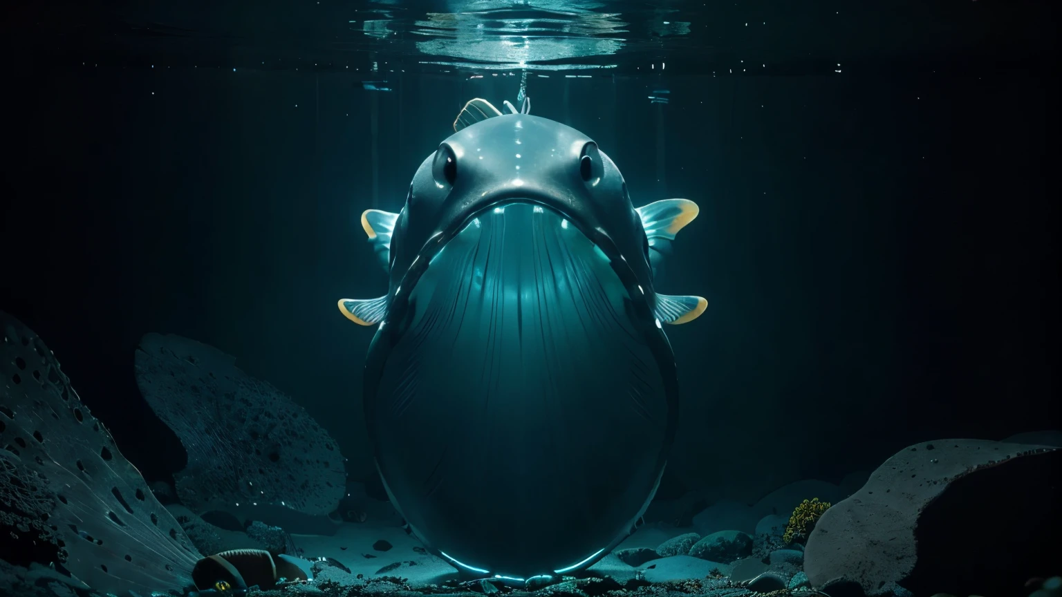 Create a gallery of the most bizarre and fascinating deep-sea creatures. Include a close-up of the anglerfish with its glowing lure, hovering menacingly in the darkness. Next, show the giant squid in a dynamic pose, with its massive tentacles spread out and its large eyes staring into the void. Finally, depict a bioluminescent jellyfish, floating gracefully with its tendrils trailing behind, glowing softly in shades of blue and green. The background should be dark, with each creature illuminated by its natural light or the submersible's beam.