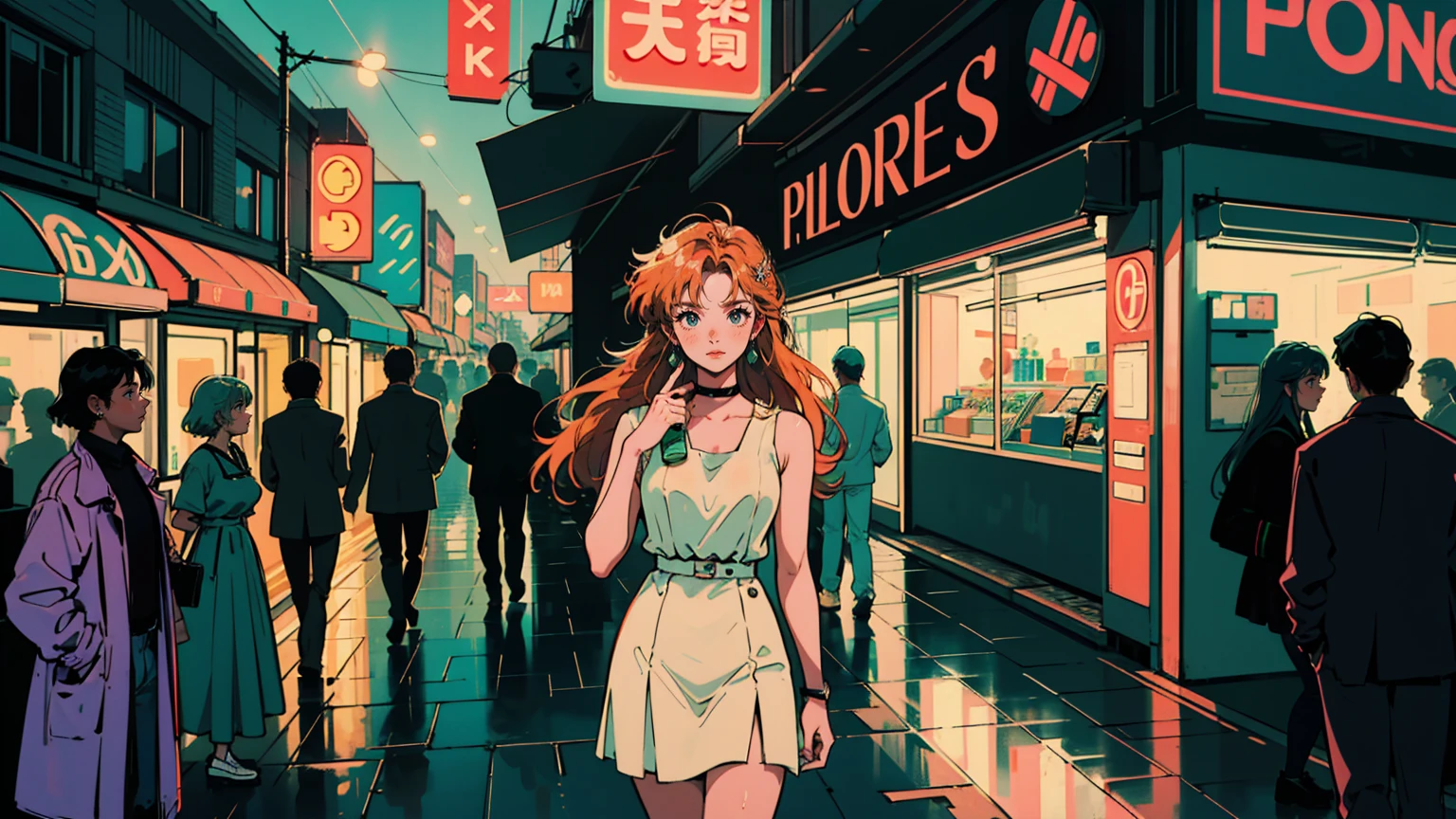 masterpiece, best quality, detailed, ((official style)), (((US, 独奏))), /One Piece/, niji style, orange hair, long hair, earrings, shoulder tattoo, big breasts, A vibrant neon street at night in the 1980s, Full of various colors. Standing on the sidewalk with big headphones on。, Her white outfit contrasted with the kaleidoscope of her surroundings.. She is looking at the viewer, Silhouetted against a backdrop of colorful neon signs, Glowing sign, Sparkling lights on wet pavement. Vintage cars line the streets, The metal surface captures and distorts countless rays of light.. purple, green, The sky is a faint pink, Gold and green neon lights illuminate the storefront.. This scene is nostalgic, The Aesthetics of Synthwave, Pulsating with retro charm and urban energy.
