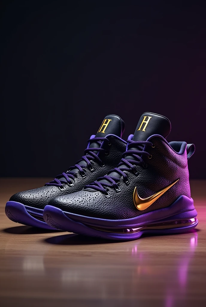 Basketball shoes with the best jumping technology with the best materials and the brand is called HZ with a black-purple color and gold details, put the HZ logo on it and let it represent Black Panther
