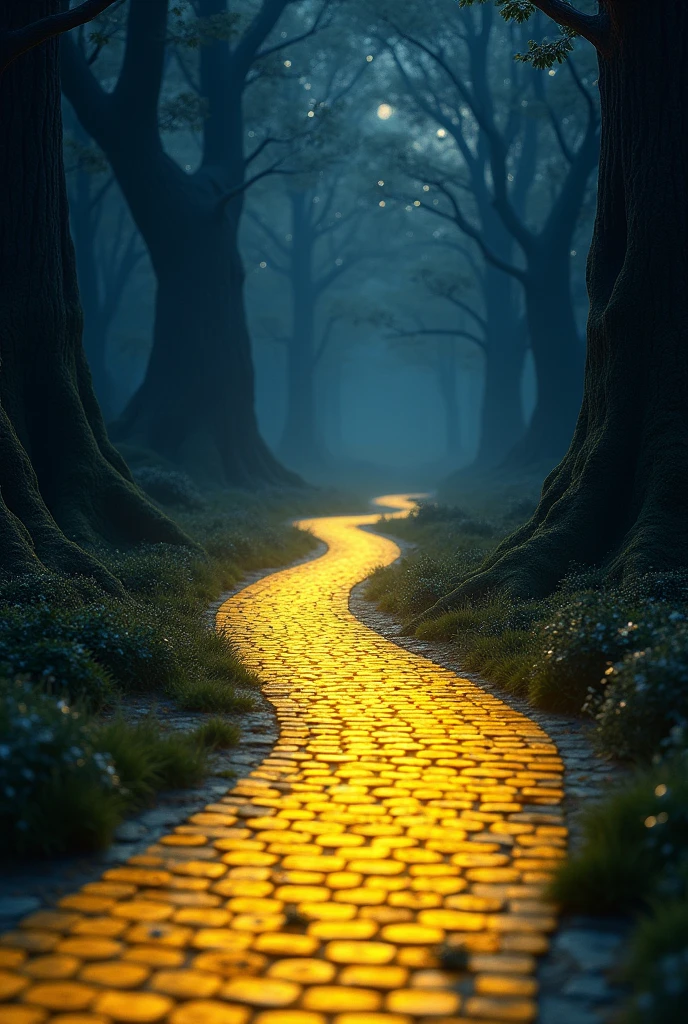 yellow brick road coming from behind the night