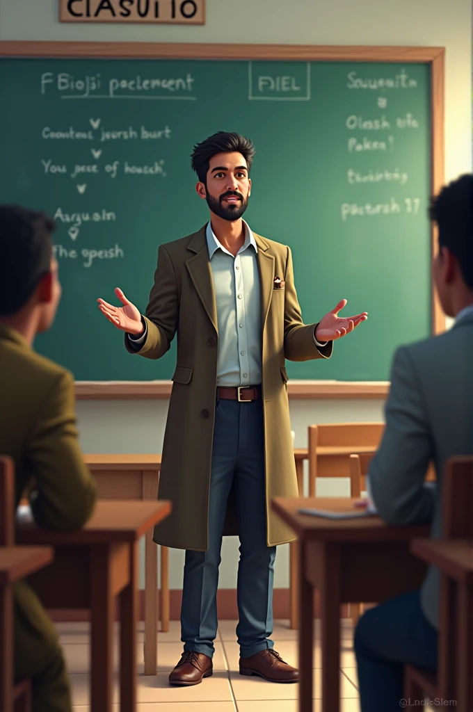 A teacher is wearing coat, pant and shoes and teaching in class 10. The name of teacher is Aayush and his name is written on the wall of class.
