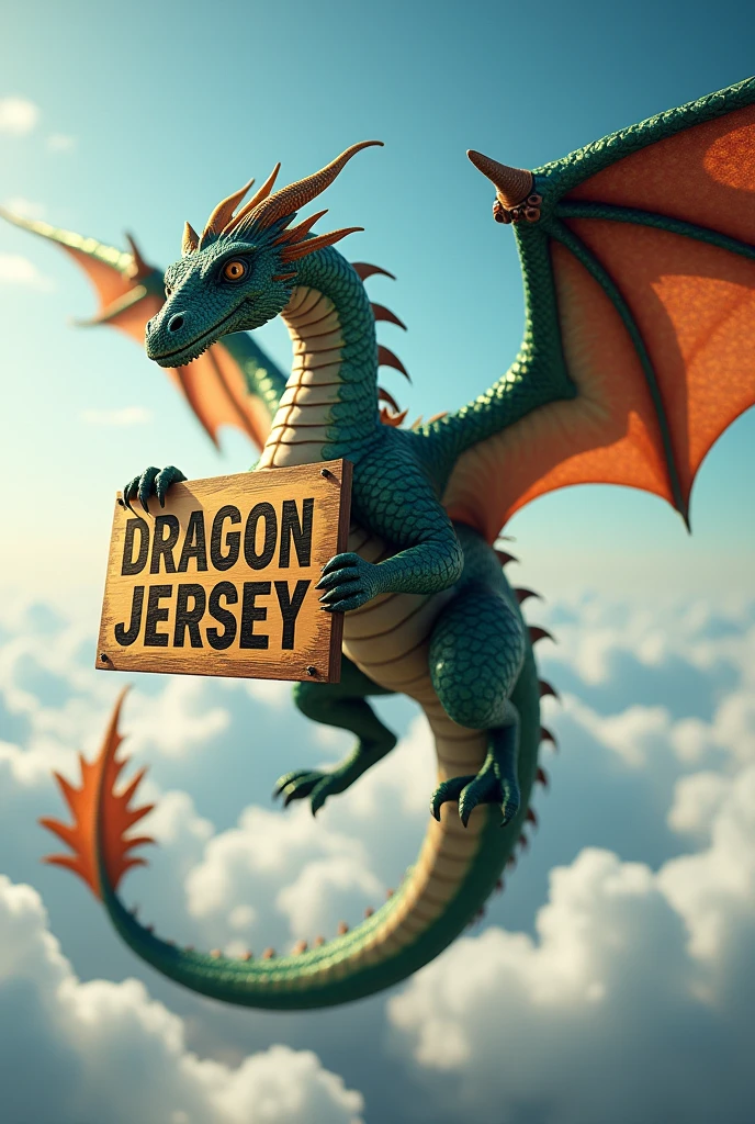 A Dragon flying where there is a sign that says Dragon Jersey