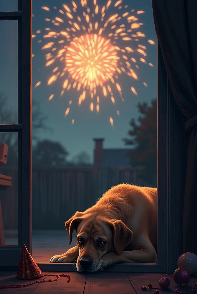 Create a picture of a dog that is sad and scared by the Christmas and New Year fireworks