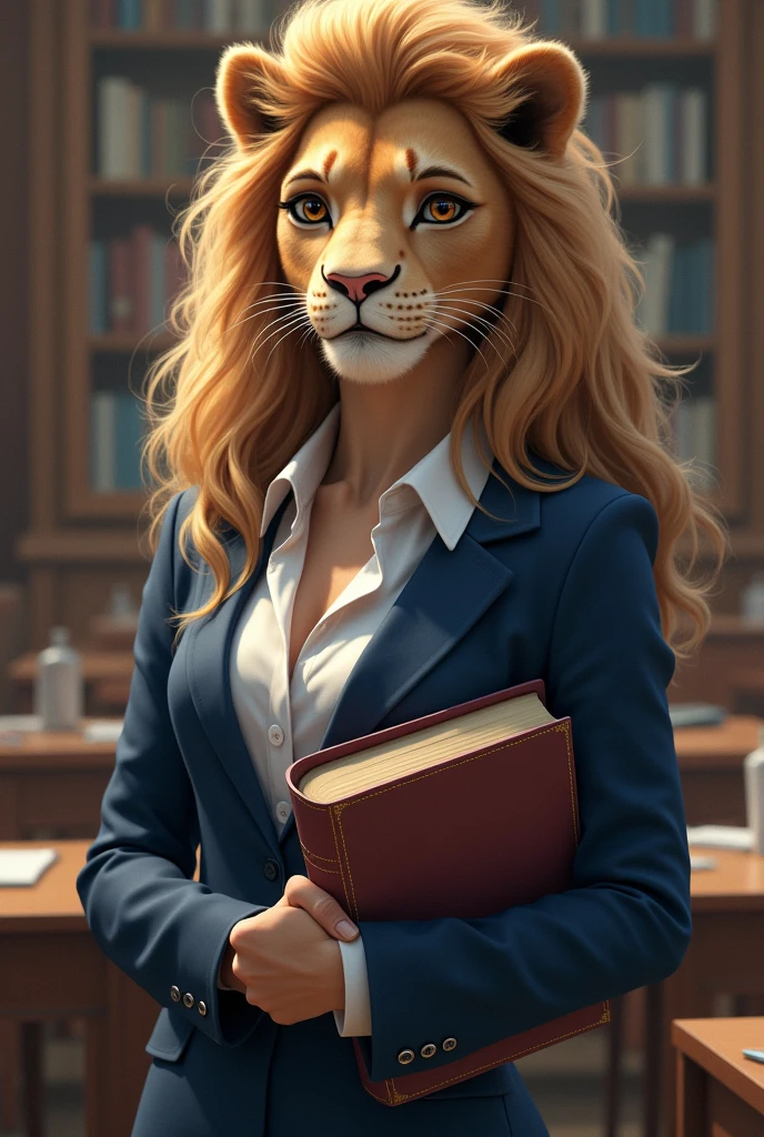 Female lioness, school, without mane, in his hand books with a smile without muscles, with a white shirt suit and a blue suit, with little hair 