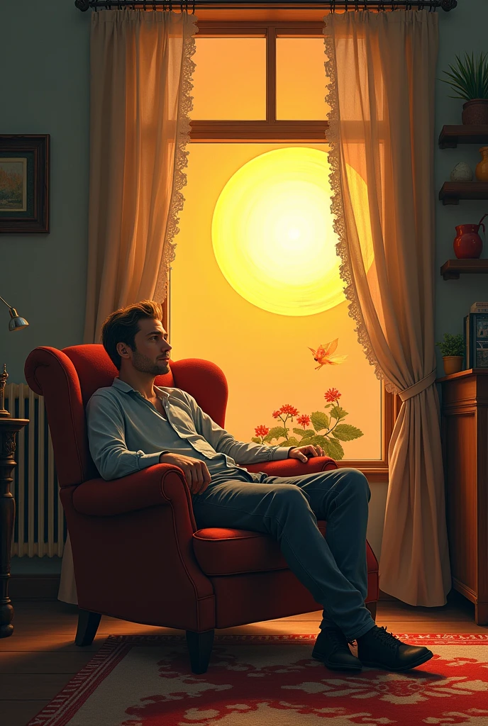 Creates a not so realistic image of : THE SUN IN PETER&#39;S HOUSE Let there be a sun in the window and a man sitting in an armchair 