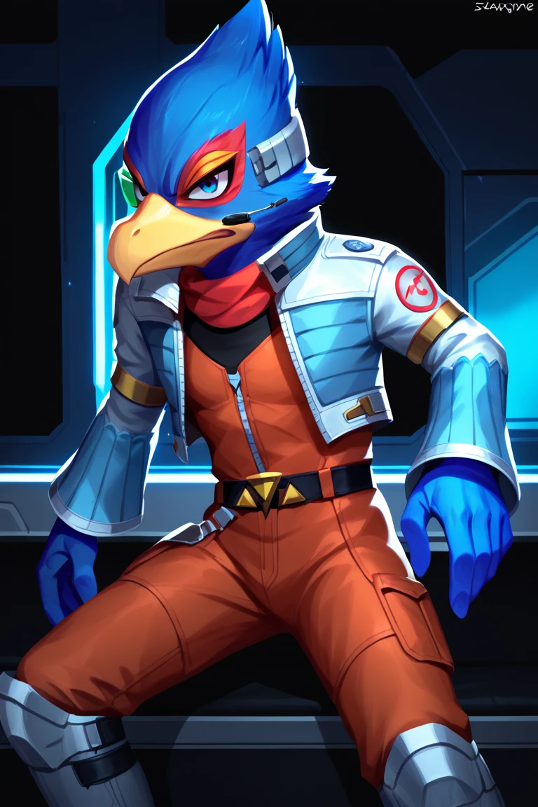 score_9, score_8_up, score_7_up, dcore_6_up, 1boy, solo, Falco lombardi, inside spaceship, beckoning, straight on,nsfw, high resolution, detailed face, high resolution, black background with blue lines costume, light blue eyes, angry expression, dynamic pose, black gloves, blue room, blue light, anime style,