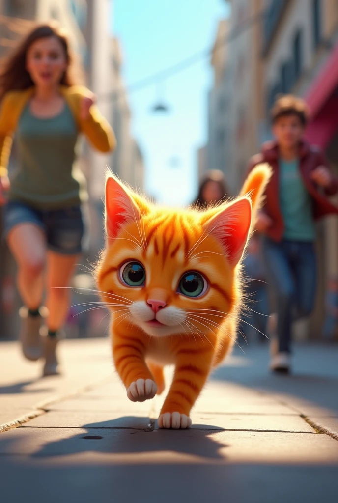 Orange color small cat running from people 

