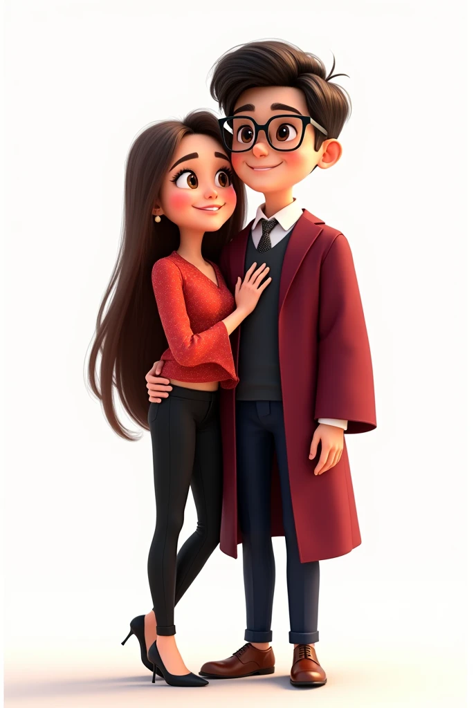 Pixar-style poster of two lovers, celebrating the boy&#39;s graduation, on white background, The girl has long straight brown hair, white skin, light brown eyes, small nose and long eyelashes, She wears a red blouse with white dots, black pants and black high heels; The boy is tall with brown eyes, black hair, wear rectangular shaped glasses, wears a wine-colored graduation suit. The girl has her hand on the boy&#39;s chest 