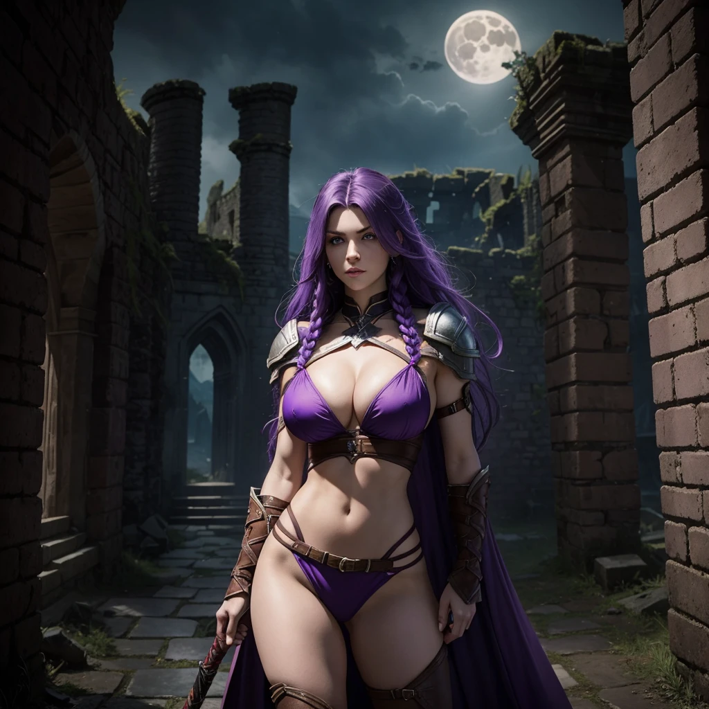 Beautiful caucasian woman. Fit body. Big round boobs. Just one woman. Alone. Western woman. Long hair with 1 braid. Purple hair. Bright purple eyes. Woman cosplaying as a vampire hunter from the Belmont family from the Castlevania games. She is standing in front of the ruins of a dark medieval castle during a full moon night. Dynamic light. Dynamic shadows. High resolution.