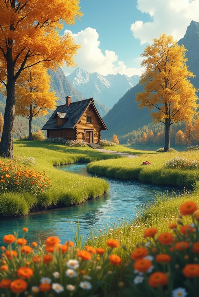 beautiful little wood house on a dune green landscape with flowers and a river and beautiful yellow leave trees