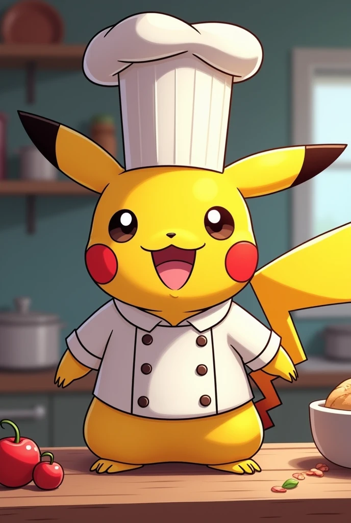 Pikachu photo, comic, smile, happiness , sitting in the kitchen , wear a shef suit