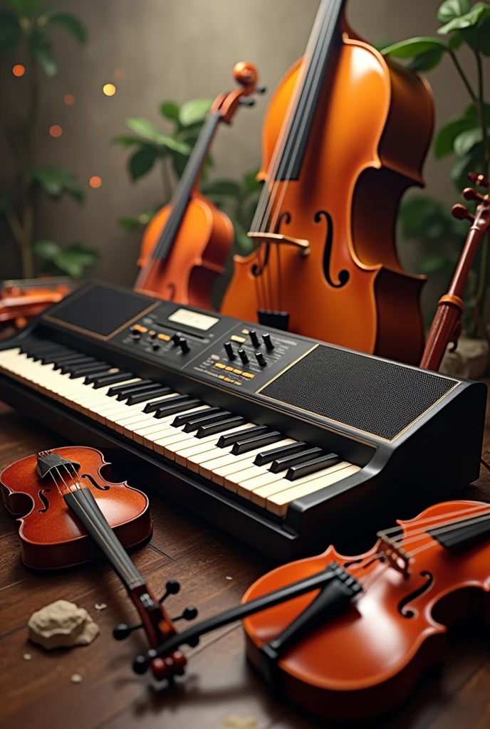 A beautiful image of various musical instruments including bass guitar, drumkit, guitar, keyboard, guitar, and saxophone , com o keyboard em destaque 

