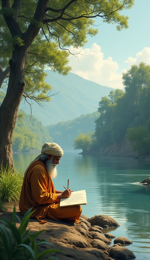 Sant Ravidas Writing Poetry**: Sant Ravidas sitting by a riverbank, writing poetry on palm leaves or a simple parchment, surrounded by the natural beauty of the landscape.