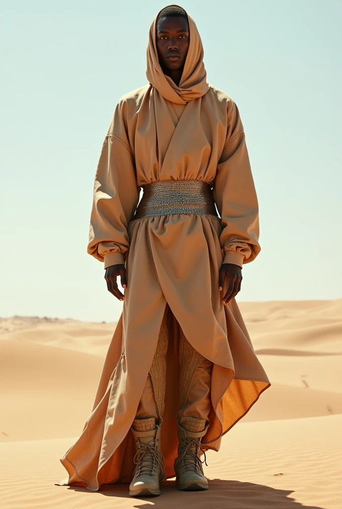 create an image


The outfit blends the ruggedness of desert terrain with Kanye West's signature avant-garde style. The garment is a loose-fitting, asymmetrical robe with layers that evoke the windswept dunes. The fabric is a mix of earthy tones—sand beige, burnt sienna, and muted olive—with a subtle metallic sheen reminiscent of the sun reflecting off the desert sands.

The upper part of the robe features structured, oversized shoulders, giving it a futuristic yet grounded feel, a nod to Kanye’s love for bold silhouettes. The sleeves are elongated, with tapered cuffs that flare slightly, resembling the flowing lines of desert plants.

Around the waist, a wide, textured belt cinches the robe, creating a contrast between the flowing fabric and the form-fitting middle. The belt material is rugged, like woven leather, but with a modern twist, incorporating reflective elements that catch the light.

The lower half of the robe transitions into a more fluid, draped design, mimicking the natural flow of sand in the wind. The hemline is irregular, with jagged edges that evoke the raw, untamed nature of the desert landscape.

Accessories include a pair of sturdy, high-top boots in a matching color palette, with a design inspired by military gear but made with premium materials like suede and neoprene. The look is completed with a headscarf or hood, wrapping around the head in a style reminiscent of desert nomads, but with an urban twist.

This design marries the stark beauty of the desert with Kanye West's forward-thinking fashion sensibilities, creating a look that’s both grounded and futuristic.