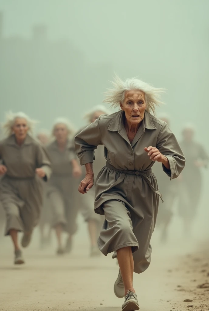 i want to create the illusion of movement of an old woman running . imagine you have a photograpf camera and  at each second you take a picture at a latteral view, you will take ten pictures and show me these ten different positions in one image