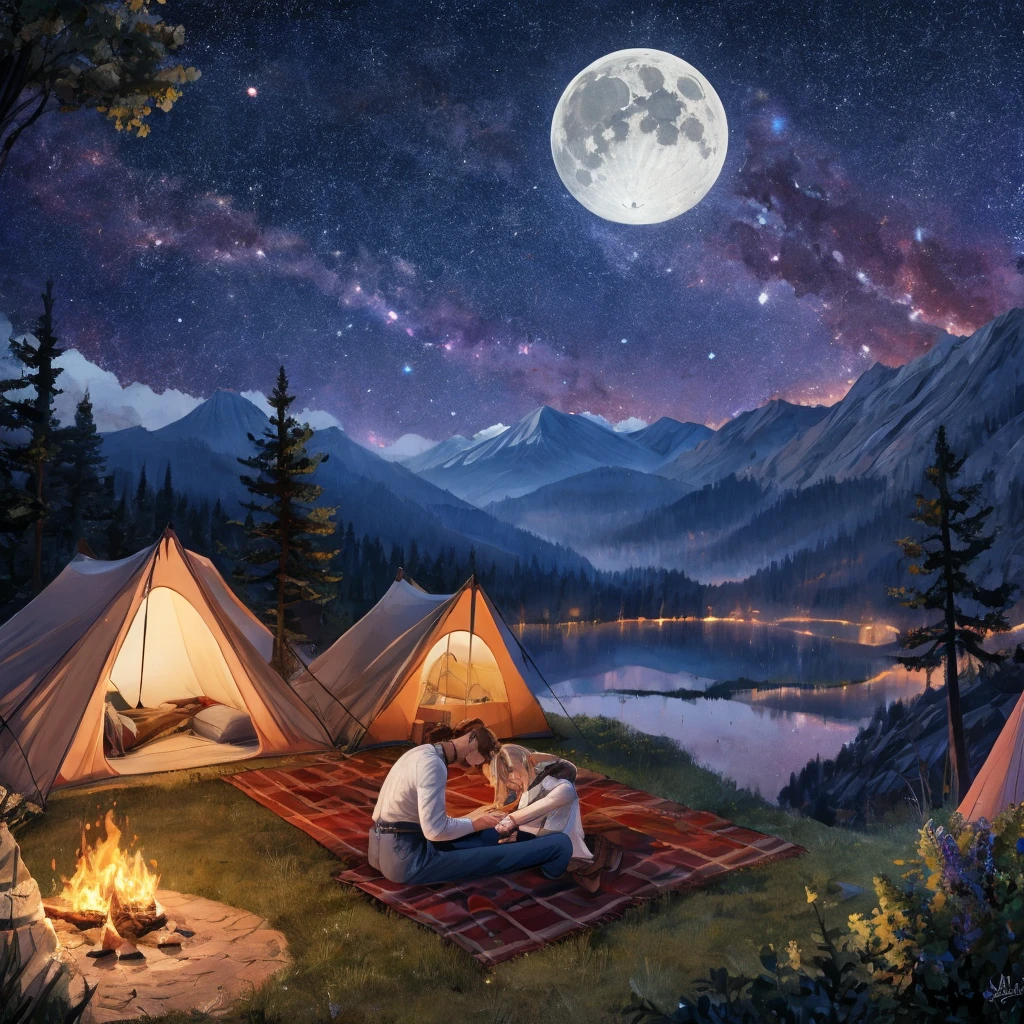 a couple of a man and a woman in love, They are on a mountain, just the two of them and their tent where they sleep., under the full moon and the galaxy in the background, The couple&#39;s tent has a dim light, the bonfire is lit. All this within a tear that springs from memory.