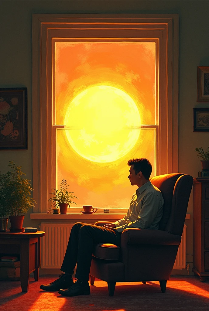 Creates a not so realistic image of : THE SUN IN PETER'S HOUSE Let there be a sun in the window and a man sitting in an armchair