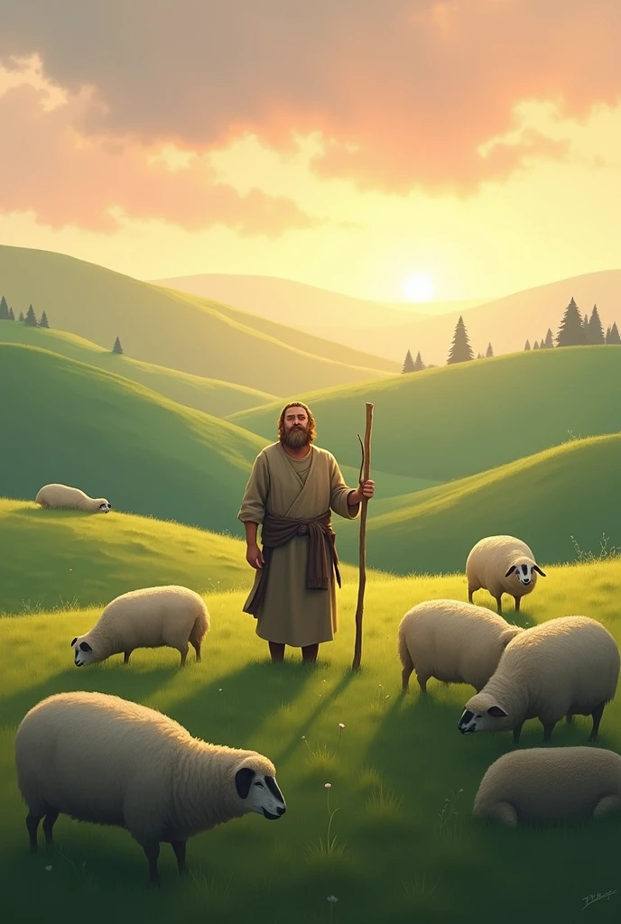 Create a serene image of a lush green field at dawn, with gentle hills in the background. In the center, show a calm shepherd, dressed in simple clothes, holding a staff. He is surrounded by peaceful sheep, some grazing and others resting. The sky is dyed in soft tones of pink and gold, conveying peace and protection