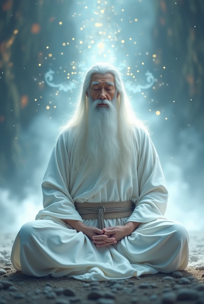 30-year-old Asian middle-aged Taoism elder sedentary close-up,Long white hair,Open your eyes,meditation,Has a white beard,Meditate cross-legged,Taoism, Wearing a pure white robe,White belt,Do not decorate your clothes with other colors,Magic Aura,Taoism master,Taoism,The background is in the universe,In the center,Facing the camera,Very bright colors, Light Particles, Luminescence, Mushf, Wallpaper Art, Ultra HD Wallpaper