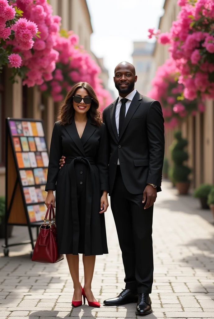 best qualityer, 8k.
um casal, THE MAN WEARS BLACK FORMAL CLOTHING THE WOMAN WEARS A BEAUTIFUL MODEST DRESS AND RED SHOES AND A RED BAG.
THE MAN IS BALD AND BEARDLESS, HIS SKIN COLOR IS BLACK, THE WOMAN HAS SHORT WAVY HAIR AND WEARS SUNGLASSES.
THEY ARE IN A BEAUTIFUL SQUARE WITH PINK FLOWERS.
IN THE MIDDLE OF THE COUPLE THERE IS A PORTABLE BOOK SHOWCASE, THEY ARE CENTRALIZED AND LOOKING AT THE CAMERA WITH A CONFIDENT AND HAPPY APPEARANCE..