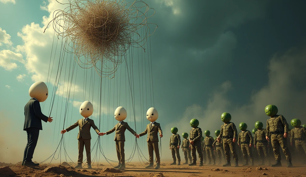 "Create an image that represents a puppet-shaped chain of control. From the top of the image, an invisible system, represented by threads or strings, controls the Supreme Federal Court (STF) os 11 membros mas um deses 11 com uma cabesa de ovo like puppets. down, o STF controla o presidente do brasil o squidward, also like a puppet, holding threads that manipulate it. squidward, A sua volta, controls the Brazilian army, which is made up of soldiers with watermelon heads, like puppets. The scenario should have a satirical and critical tone, highlighting the idea of multi-layered manipulation."