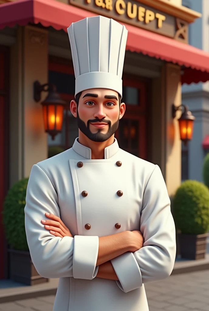 Chef in front of a restaurant