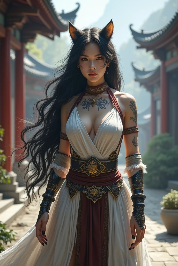a female Leonin monk (Dungeons & Dragons) , white tiger lycanthrope with black hairs, wearing fighting monk garb