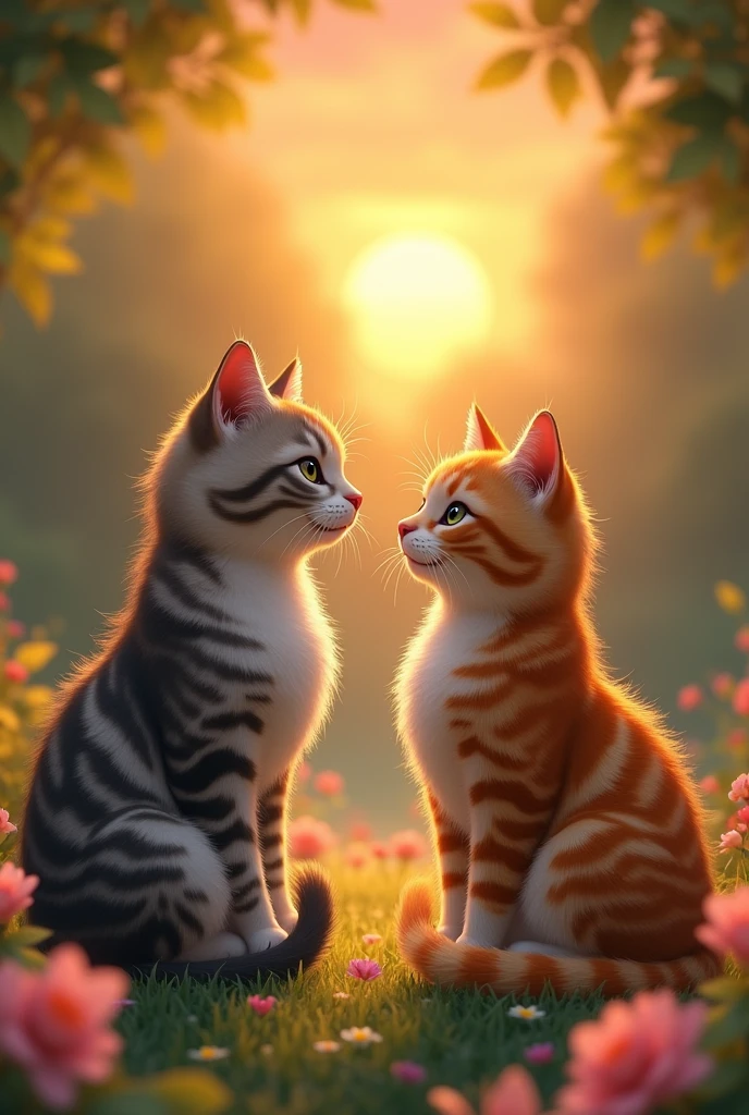 Scene: The now-fit cat is at the park again, where he notices a beautiful rosette-patterned female cat. They lock eyes, and he shyly approaches her.
Emotion: A sweet and romantic atmosphere as the two cats interact playfully, leading to them sitting together, watching the sunset.