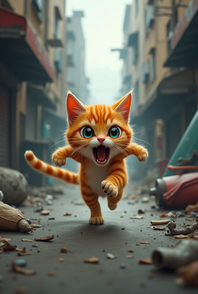 Orange color small cat running from people
Cat running and crying