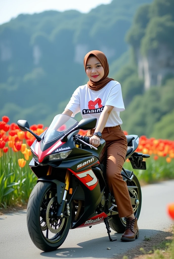 Beautiful Indonesian girl, smooth white skin,brown hijab (white t-shirt with Santi logo motif) (cropped pants with lots of pockets)brown color ,
brown boots black watch, white shoes, smiled faintly, posing sitting on a black and red Kawasaki Ninja ZX-25R motorbike , on the country road,very beautiful amazing ..The left and right sides of the road are lined with tulips in bloom in beautiful colors.. Under the clear blue sky,, mountain and waterfall background, original photo .realistic