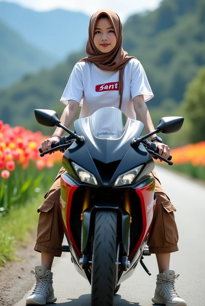 Beautiful Indonesian girl, smooth white skin,brown hijab (white t-shirt with Santi logo motif) (cropped pants with lots of pockets)brown color ,
brown boots black watch, white shoes, smiled faintly, posing sitting on a black and red Kawasaki Ninja ZX-25R motorbike , on the country road,very beautiful amazing ..The left and right sides of the road are lined with tulips in bloom in beautiful colors.. Under the clear blue sky,, mountain and waterfall background, original photo .realistic
