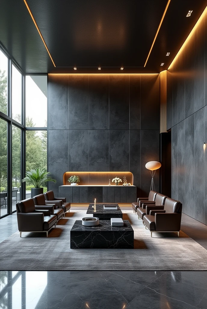 Professional 3d architecture rendering design of modern And high tech for boticque hotel’s Labi with dark slab stone and 4 dark brown leather Chairs and medium flouting dark gray marble station and 2 laptops and coffee table elegant and modern glassy and silver accessories and modern windows and private space for baggage in the Labi and black slab stone middle table and elegant accessories and modern ceiling lighting and beautiful green space and private space for baggage with silver wall